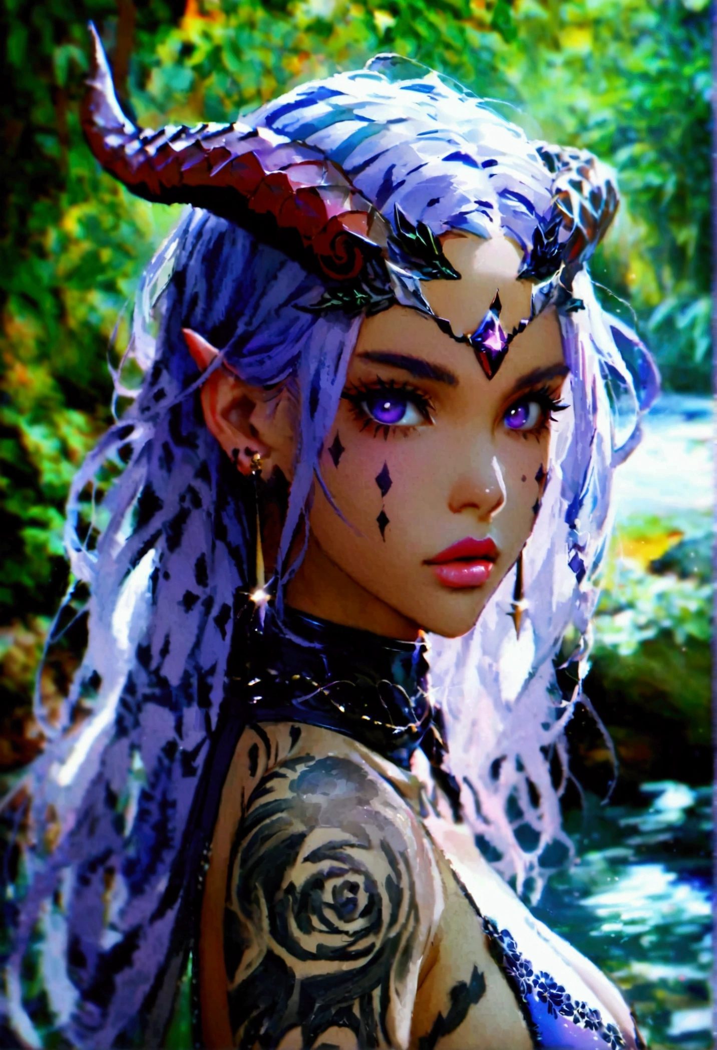 art modern 8k full HD Girl Naruto crut espetado hort raspado baixo molhado com gel yelow purple brilhante hair dragon horns, hair diamond , black fire eyes fair skin smooth metal earrings, patterned Nordic evil face + tatuagem de cat em volta dos olhos head raised elegant standing stunning beauty, pure perfection night On the water half body, forest, depth of field, staring at the camera, two-dimensional desenho a lápis 8b giz de cera em grafite perfeito riscos fortes style
