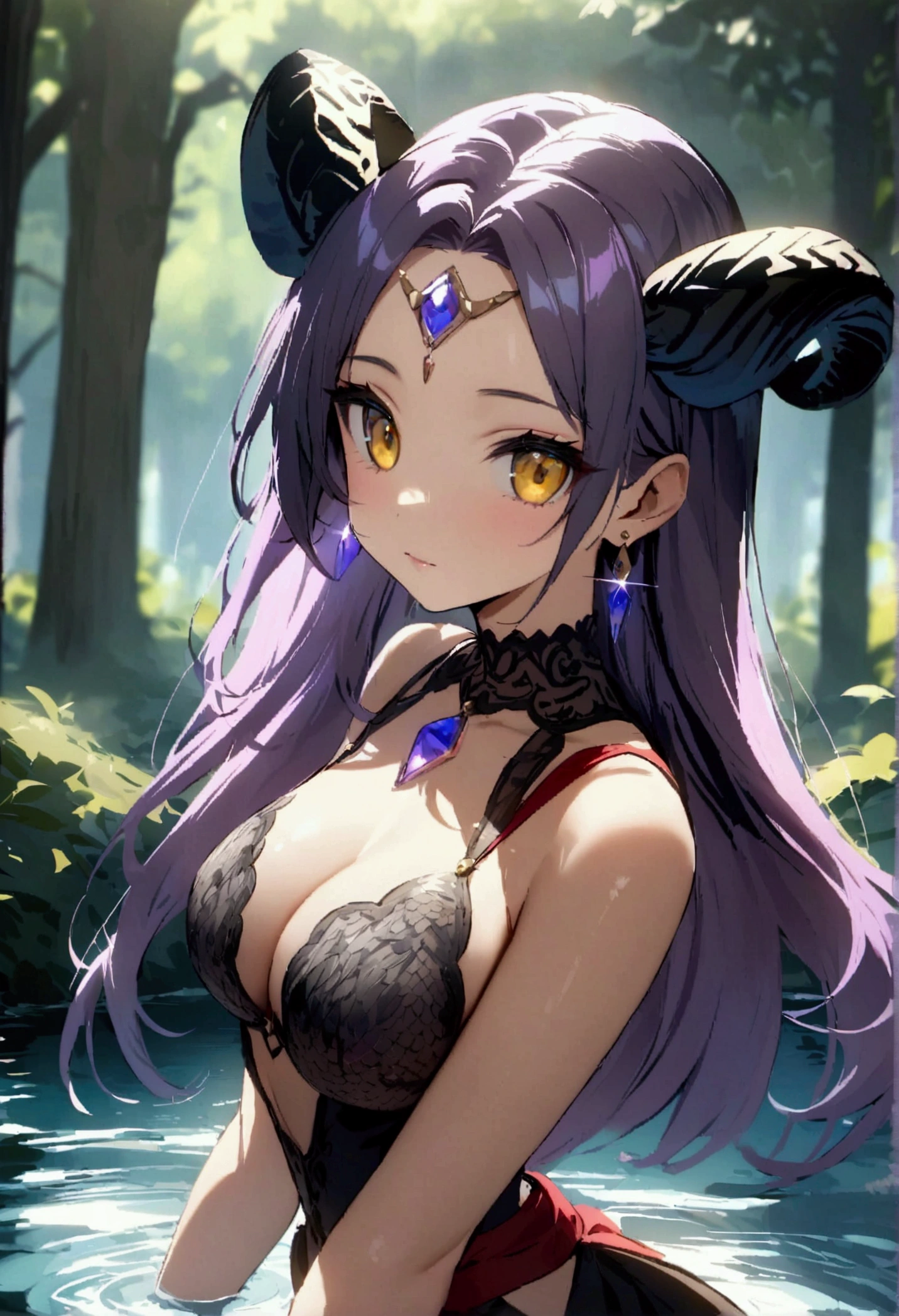 art modern 8k full HD Girl Naruto crut espetado hort raspado baixo molhado com gel yelow purple brilhante hair dragon horns, hair diamond , black fire eyes fair skin smooth metal earrings, patterned Nordic evil face + tatuagem de cat em volta dos olhos head raised elegant standing stunning beauty, pure perfection night On the water half body, forest, depth of field, staring at the camera, two-dimensional desenho a lápis 8b giz de cera em grafite perfeito riscos fortes style
