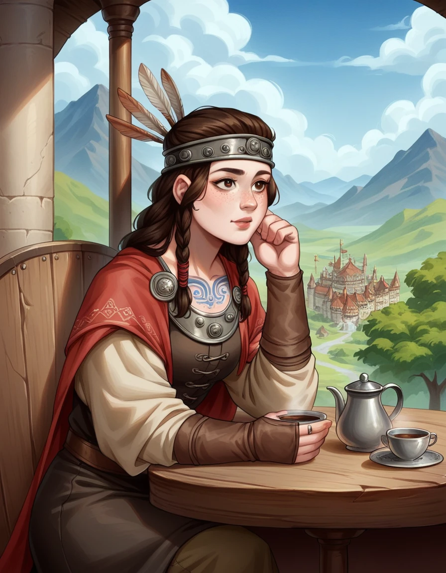 a close-up of a woman sitting at the table with a cup of coffee, palace , a girl in mountain, a young girl as a viking, beautiful western woman, european woman, redheadwear, chinese princess, an Asian woman, a young European woman, ancient princesa viking, Mulher redheadwear, wearing ancient viking clothes, traditional beauty, european young girl, leather outfit, Sword and shield, young woman, viking tattoo, freckles, fully body ((high qualiy)) ((super quality)) ((detailed artwork))
