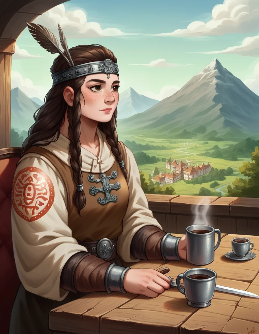 a close-up of a woman sitting at the table with a cup of coffee, palace ， a girl in mountain, a young girl as a viking, beautiful western woman, european  woman,  redheadwear, chinese princess, an Asian woman, a young European woman, ancient princesa viking, Mulher redheadwear, wearing ancient viking clothes, traditional beauty, european young girl, leather outfit, Sword and shield, young woman, viking tattoo, freckles, fully body ((high qualiy)) ((super quality)) ((detailed artwork))