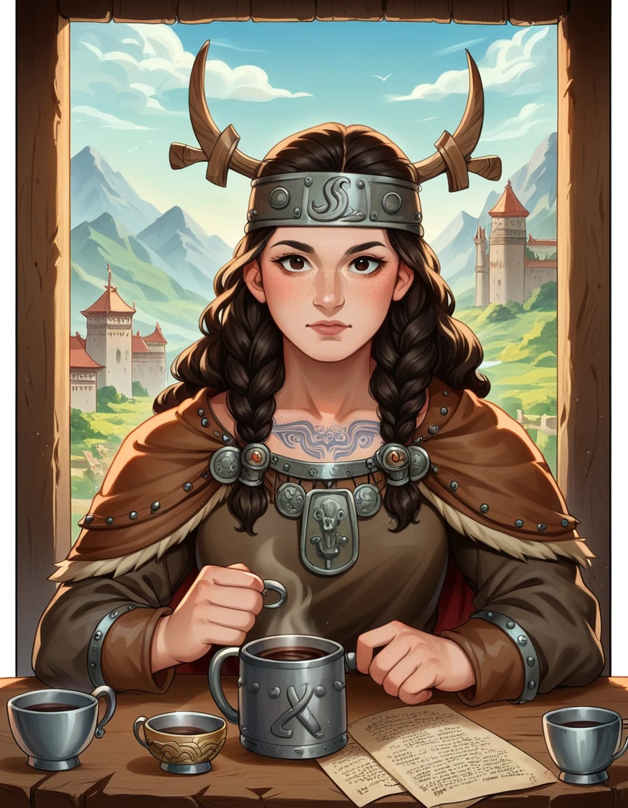 a close-up of a woman sitting at the table with a cup of coffee, palace , a girl in mountain, a young girl as a viking, beautiful western woman, european woman, redheadwear, chinese princess, an Asian woman, a young European woman, ancient princesa viking, Mulher redheadwear, wearing ancient viking clothes, traditional beauty, european young girl, leather outfit, Sword and shield, young woman, viking tattoo, freckles, fully body ((high qualiy)) ((super quality)) ((detailed artwork))