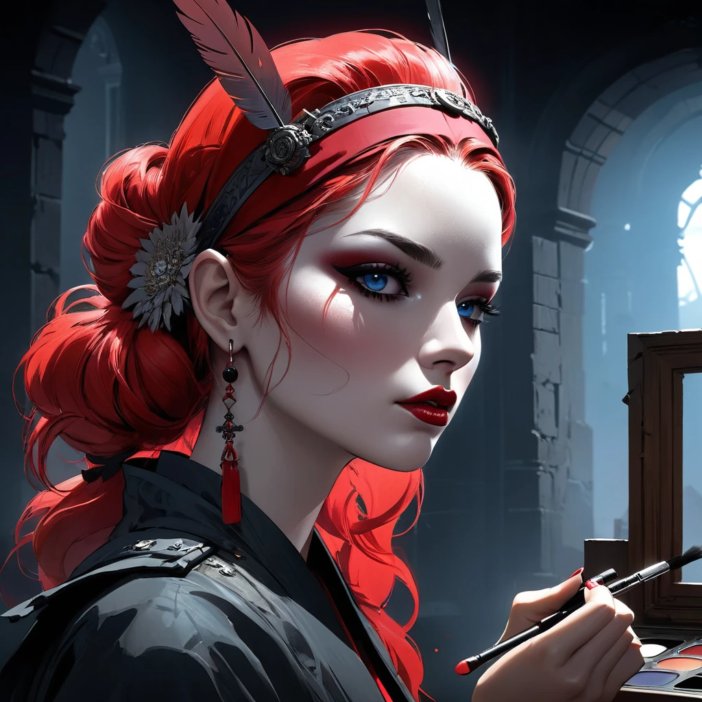 laurence bedard,Dramatic lighting, putting makeup on, Illustration by Greg rutkowski,Ruins toot, Dark, Highly detailed face, The headband is red ,yoji shinkawa, 4K, Digital art, concept-art, trending on artstationh
