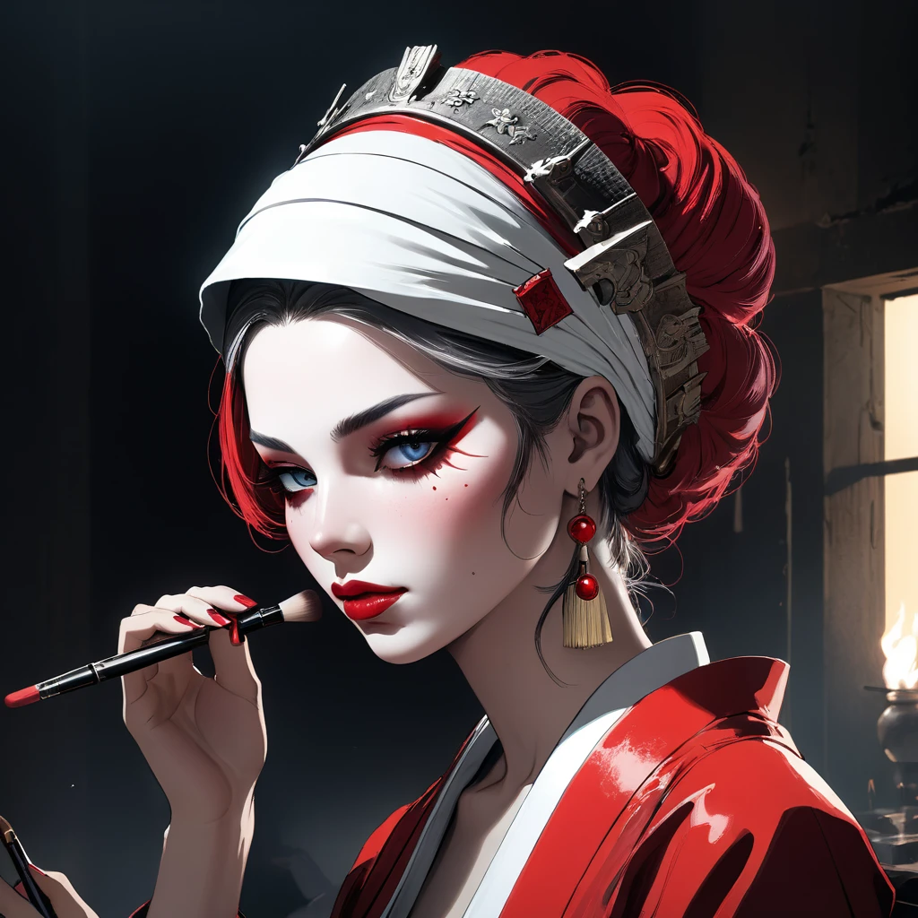 laurence bedard,Dramatic lighting, putting makeup on, Illustration by Greg rutkowski,Ruins toot, Dark, Highly detailed face, The headband is red ,yoji shinkawa, 4K, Digital art, concept-art, trending on artstationh