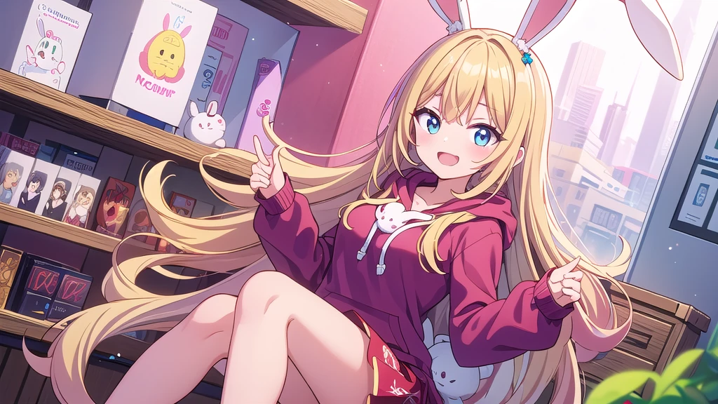Masterpiece, best quality, high resolution, white bunny ears, blond hair, pink hoodie, red top, red pettiskirt, open mouth, smile,