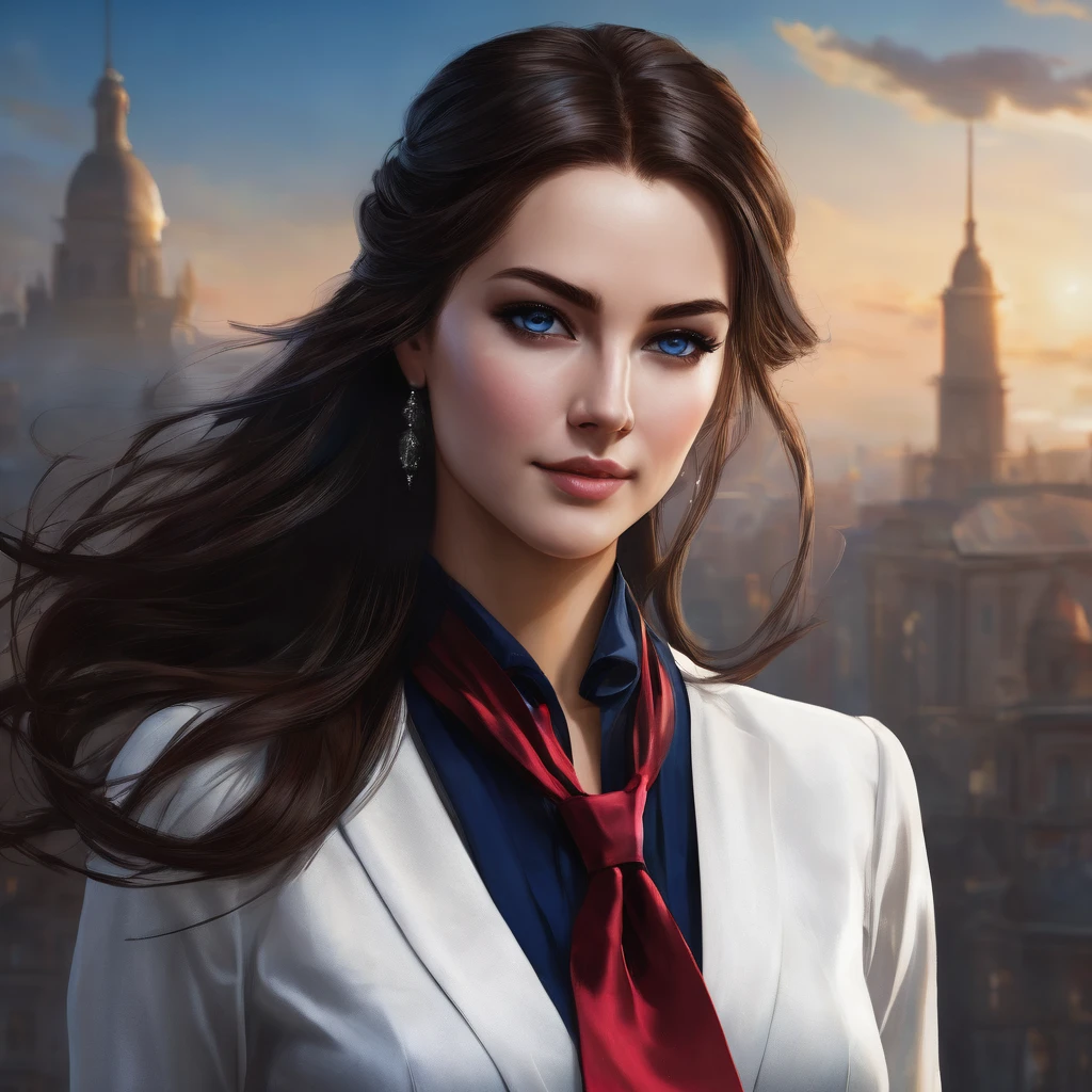 a stunningly beautiful young woman with an athletic yet curvaceous figure, long and silky dark brown hair with reddish highlights, usually tied back in an elegant high ponytail but sometimes worn loose when relaxed, large and expressive deep blue eyes that gleam with a silvery shimmer when her succubus curse is activated, and clear, soft skin with a slight sun-kissed glow, wearing the standard of a white blouse, navy blue pleated skirt, black blazer and red tie, but tailored to accentuate her curves and accessorized with a subtle necklace or bow tie, her expression generally serene and confident with a radiant smile, but with a look of restrained desire when her curse takes hold, 8k, ultra-detailed, photorealistic, professional portrait, dramatic lighting, intricate details, lifelike, fantasy character, dark academia aesthetic