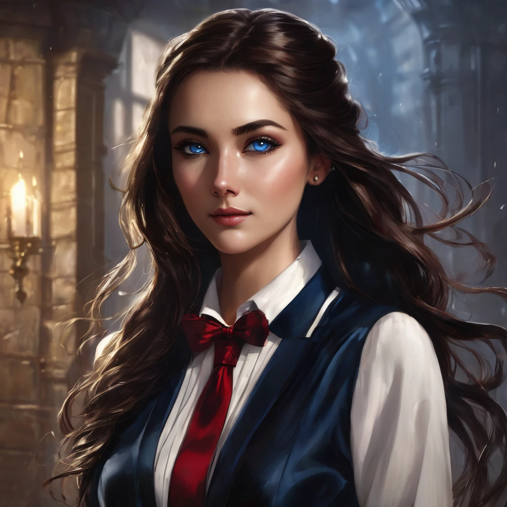 a stunningly beautiful young woman with an athletic yet curvaceous figure, long and silky dark brown hair with reddish highlights, usually tied back in an elegant high ponytail but sometimes worn loose when relaxed, large and expressive deep blue eyes that gleam with a silvery shimmer when her succubus curse is activated, and clear, soft skin with a slight sun-kissed glow, wearing the standard  of a white blouse, navy blue pleated skirt, black blazer and red tie, but tailored to accentuate her curves and accessorized with a subtle necklace or bow tie, her expression generally serene and confident with a radiant smile, but with a look of restrained desire when her curse takes hold, 8k, ultra-detailed, photorealistic, professional portrait, dramatic lighting, intricate details, lifelike, fantasy character, dark academia aesthetic