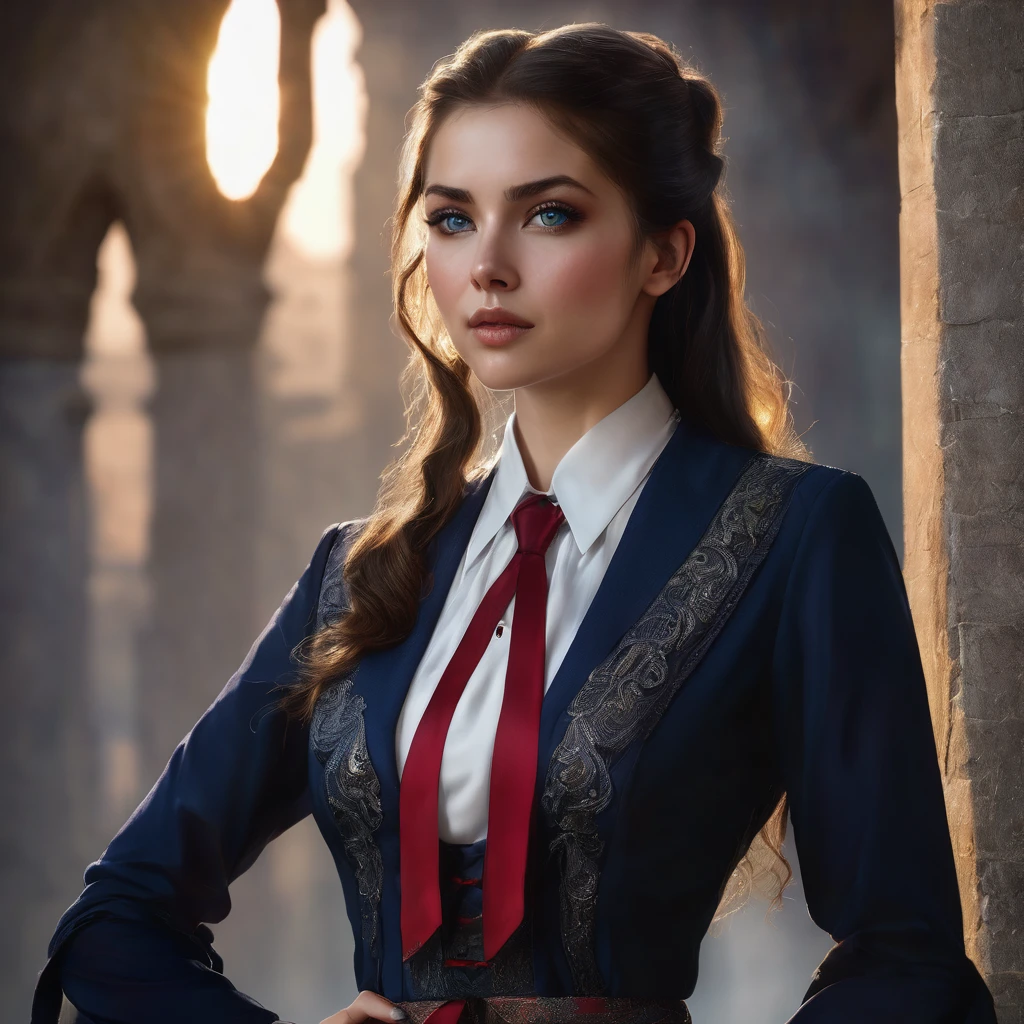 a stunningly beautiful young woman with an athletic yet curvaceous figure, long and silky dark brown hair with reddish highlights, usually tied back in an elegant high ponytail but sometimes worn loose when relaxed, large and expressive deep blue eyes that gleam with a silvery shimmer when her succubus curse is activated, and clear, soft skin with a slight sun-kissed glow, wearing the standard of a white blouse, navy blue pleated skirt, black blazer and red tie, but tailored to accentuate her curves and accessorized with a subtle necklace or bow tie, her expression generally serene and confident with a radiant smile, but with a look of restrained desire when her curse takes hold, 8k, ultra-detailed, photorealistic, professional portrait, dramatic lighting, intricate details, lifelike, fantasy character, dark academia aesthetic