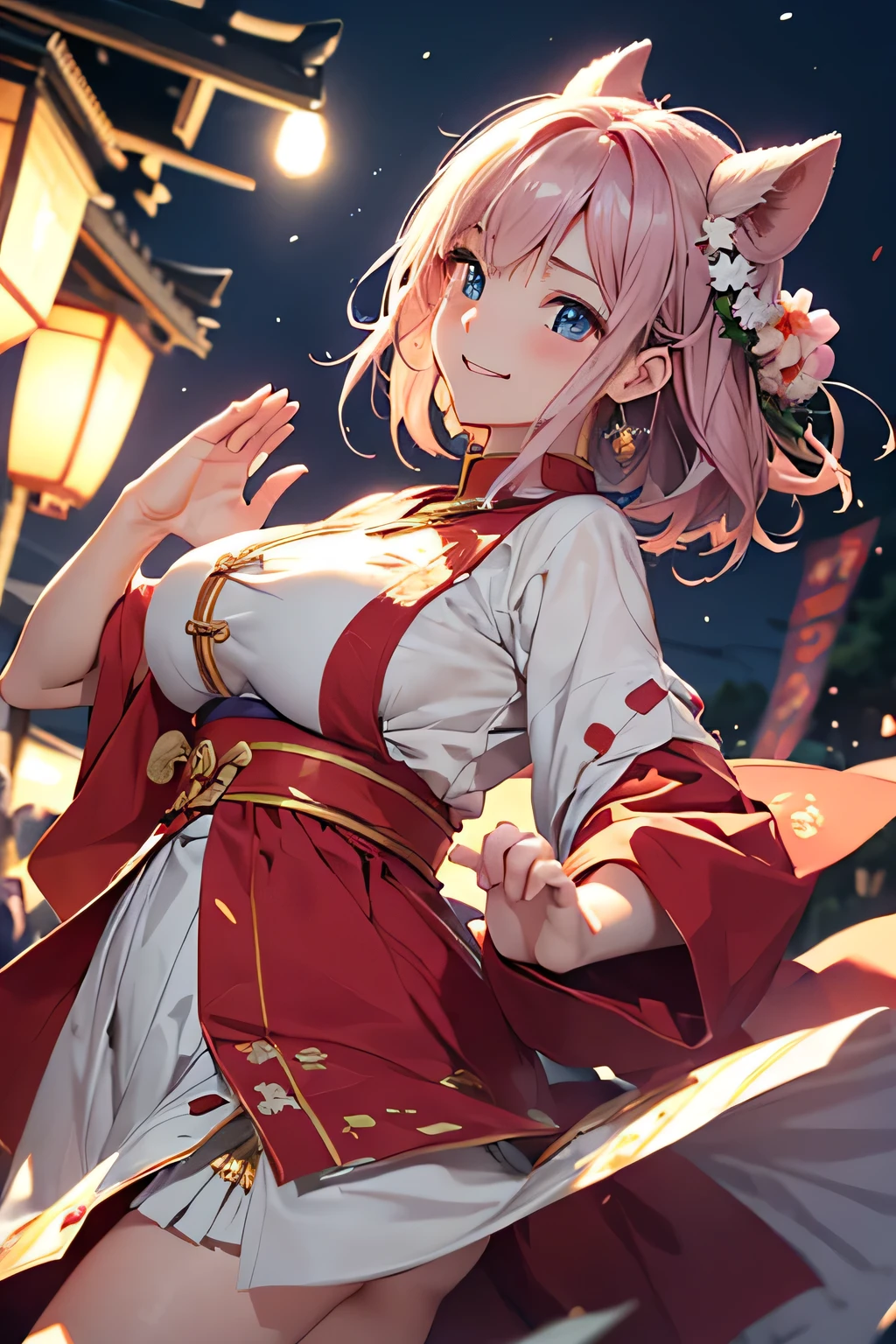 Highest quality、High resolution、Detailed Background、age beauty、Detailed face、Anatomically correct、(Normal number of fingers:1.2)、(Huge breasts:1.2)、cute hair color、Bun Hair、Perfect body line、(Lively girl dancing at the Bon Odori festival:1.5)、(Dance with your fingers together, hands together and raised high:1.5)、night、Festivals、A big smile、Cute patterned yukata、dancing lively、Waving your hands back and forth、Waving your hands left and right、Coordinated hand and foot movements、Traditional Japanese summer festivals、Bon Odori is held at night, so lanterns and other lights are lit up, creating a fantastic atmosphere.、cute
