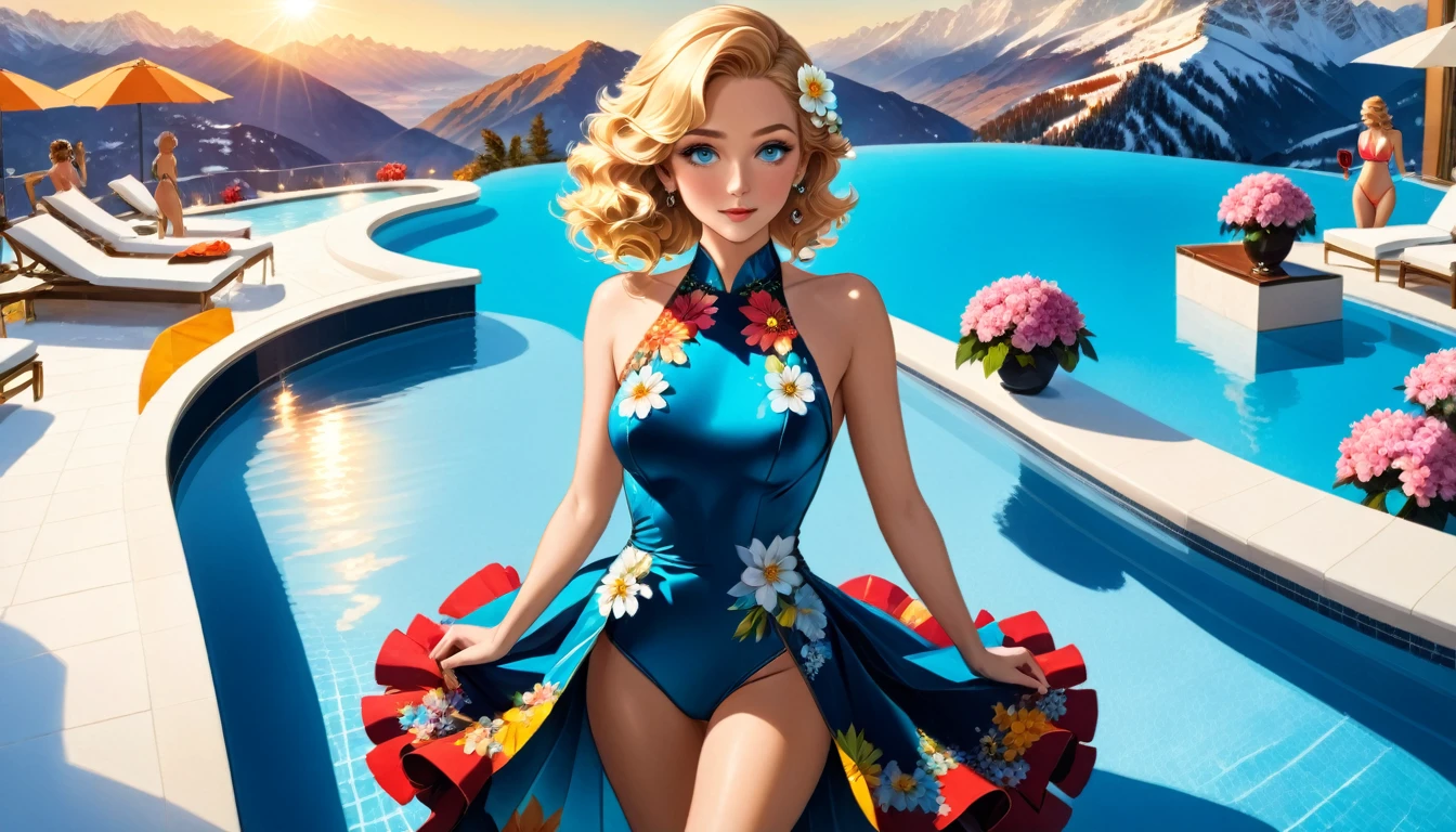 an ultra wide award winning picture of an elite glamour woman in a pool party in a high society pool on a snowy mountain, a most beautiful woman  ((anatomically correct:1.5)), blond hair, rich hair, wavy hair, deep blue eyes, wearing a bathing suit dress, intricate bathing suit, dynamic color, decorated with flowers, decorated with diamonds, sense of prestige, high class, holding a glass of wine, wearing elegant high heels, in a rich high society pool party, large infinity pool in hotel roof, in a resort on a snowy mountain, sun setting down, torches around the pool, and other party goers snow mountain in the background,  Wide-Angle, award winning, best quality, high quality, high details, highres, vibrant, Ultra-high resolution, High Contrast, (masterpiece:1.5), highest quality, Best aesthetics), best details, best quality, highres, ultra wide angle, 16k, [ultra detailed], masterpiece, best quality, chumbasket art style, flower dress