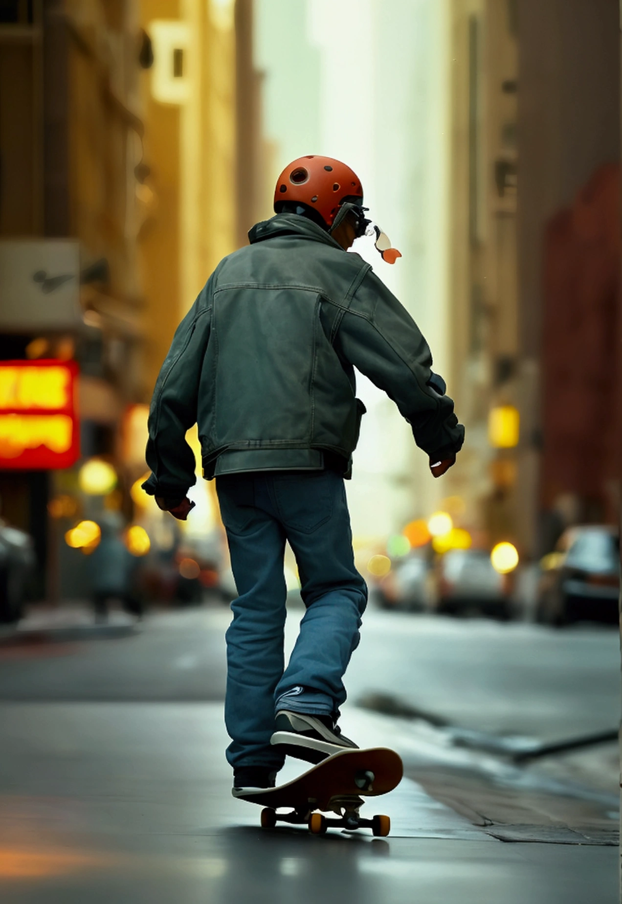 There is a man riding a skateboard down the street, in style of Joel Meyerowitz, campaña like boys, style of Joel Meyerowitz, Jamil Shabazz, por Glen Angus, Ralph Goings, Joel Meyerowitz, skater style, annie leibowitz, inspired by Bruce Gilden, michael bair, Bronson Action
