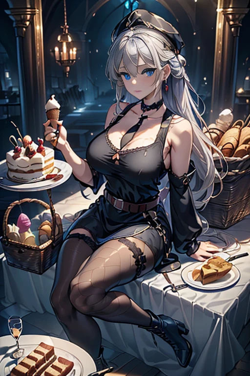 (perky chest:1.2), (pointed chest:1.2),(icecream magazine cover:1.3),(from above:1.2),(shoot from the side:1.1),(((Black Tunic:1.3))),(((cakes and bread in the basket),a 23yo Cute and beautiful girl,masterpiece、highest quality、Very detailed、Beautiful fine details、Detailed landscape、Braided Ponytail、Red camisole、((B cup breasts, Tank top showing underboob:1.0)), thigh strap, bangs, necktie, earrings, nail polish, fishnet pantyhose, silver hair, looking at viewer, full body, bottle, own hands together, belt, food, ring, choker, english text paper:1.2, collared shirt, blue eyes, hat,lace-up boots , 