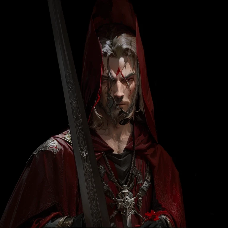 arafed man in a red hood and a sword in his hand, red cloak, wearing cultist red robe, cinematic full character, ferred - themed robes and hat, red hooded mage, wearing red sorcerer's robes, dressed in a beautiful red cloak, hugh detailed, portrait of a red sorcerer, male character