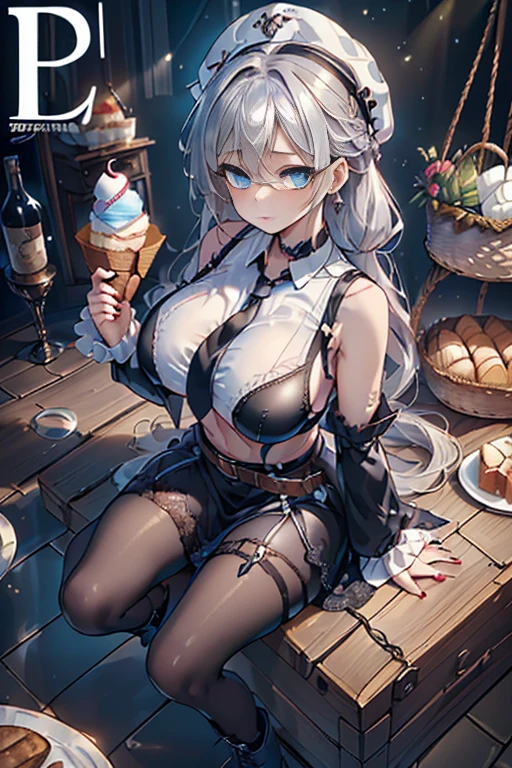 (perky chest:1.2), (pointed chest:1.2),(icecream magazine cover:1.3),(from above:1.2),(shoot from the side:1.1),(((Black Tunic:1.3))),(((cakes and bread in the basket),a 23yo Cute and beautiful girl,masterpiece、highest quality、Very detailed、Beautiful fine details、Detailed landscape、Braided Ponytail、Red camisole、((B cup breasts, Tank top showing underboob:1.0)), thigh strap, bangs, necktie, earrings, nail polish, fishnet pantyhose, silver hair, looking at viewer, full body, bottle, own hands together, belt, food, ring, choker, english text paper:1.2, collared shirt, blue eyes, hat,lace-up boots ,