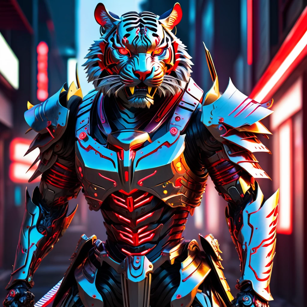 (mechanical cyborg tiger samurai), glowing red eyes, (tiger cyborg Armed with a long sharp knife)、cyber Japan samurai armor, cyberpunk tiger samurai, mechanical tiger samurai, cyber Japan style armor, Stand facing the front, magnificent artwork、8k, photo realistic