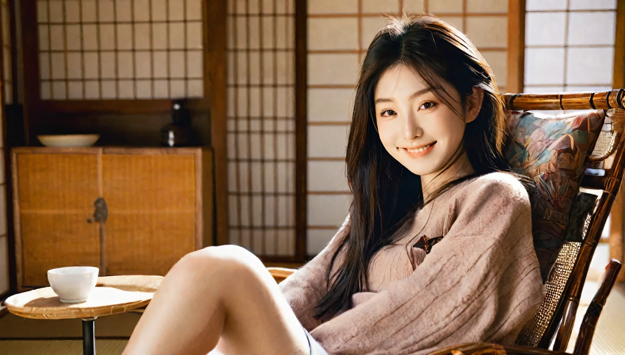 (best quality, masterpiece, ultra detailed, ultra high res, photorealistic, raw photo, absolutely resolution), smile, warm colors, 20 year old woman, Japanese, sitting in a chair, looking straight at me