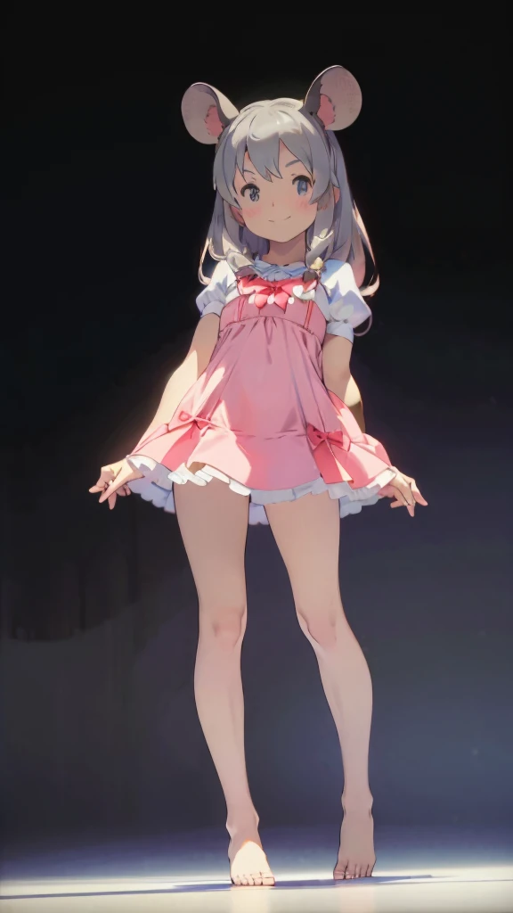 ((masterpiece))((Highest quality))Mouse Ears、girl、smile、blush、Flat Chest、Are thin、、low length、Gray Hair、blush、Are standing、Whole body image、Even your toes are visible、Eye level on face、front、No background、Mouse pose、真frontのアングル