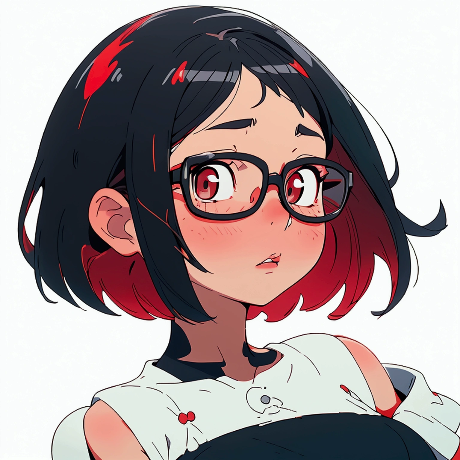 A bob-cut elementary school girl wearing glasses, black eye, no wearing, rubbing her breasts, Touching the nipples, large breasts, looking up, black hair, winking, inside school, sad