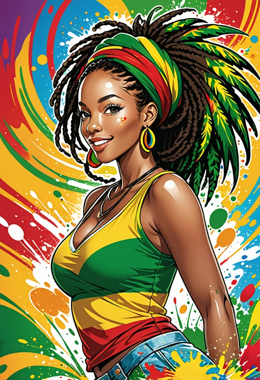 vectorial art, With lots of Jamaican reggae, Authentic Jamaican reggae music atmosphere,colorful illustrations, At the center, swirly vibrant colors, paint splashes and smears, high détail,