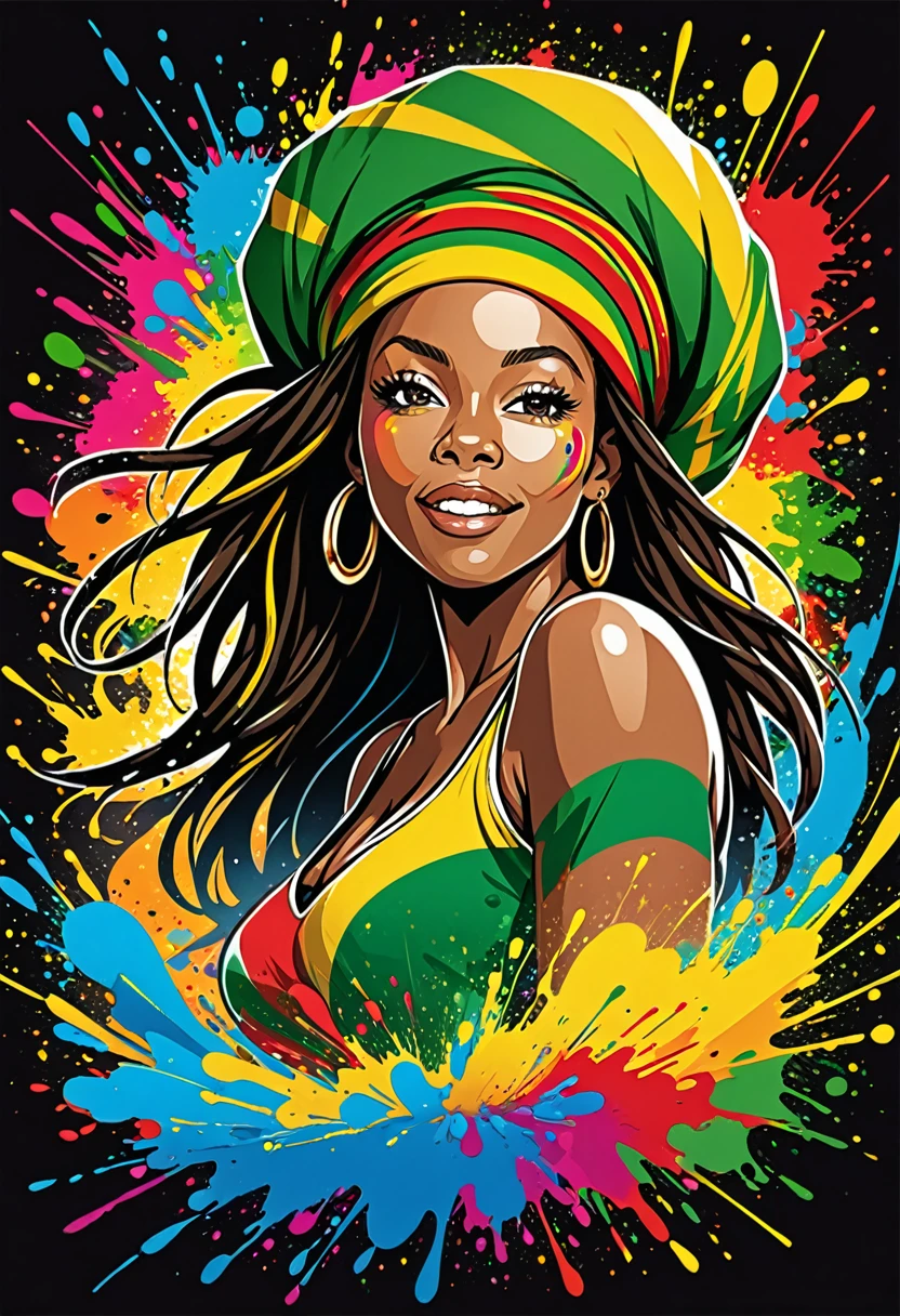 Vector art, Lots of Jamaican reggae, Authentic Jamaican reggae music atmosphere，Color illustrations, in the center, Vibrant colors, Paint splatters and stains, High detail, 

