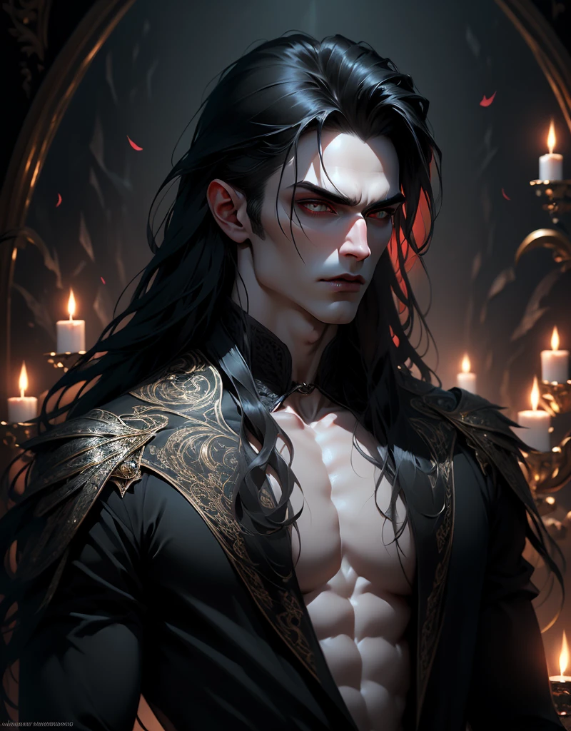 {anatomy}(Masterpiece - Ultra-detailed, very high resolution) Prepare to be enchanted by a true masterpiece that combines ultra-detailed art with high-resolution rendering. This work portrays a vampire man with long black hair (1.3) and captivating golden eyes (1.2), emanating an aura of mystery in decadent settings. The intricate details and realistic textures invite you to explore every aspect of this enchanting composition. Vampire man wearing black. Serious expressions. Pale skin like a vampire.