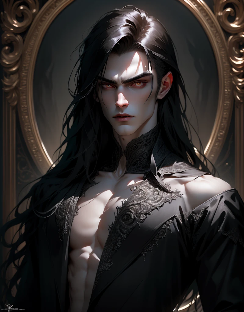 {anatomy}(Masterpiece - Ultra-detailed, very high resolution) Prepare to be enchanted by a true masterpiece that combines ultra-detailed art with high-resolution rendering. This work portrays a vampire man with long black hair (1.3) and captivating golden eyes (1.2), emanating an aura of mystery in decadent settings. The intricate details and realistic textures invite you to explore every aspect of this enchanting composition. Vampire man wearing black. Serious expressions. Pale skin like a vampire.