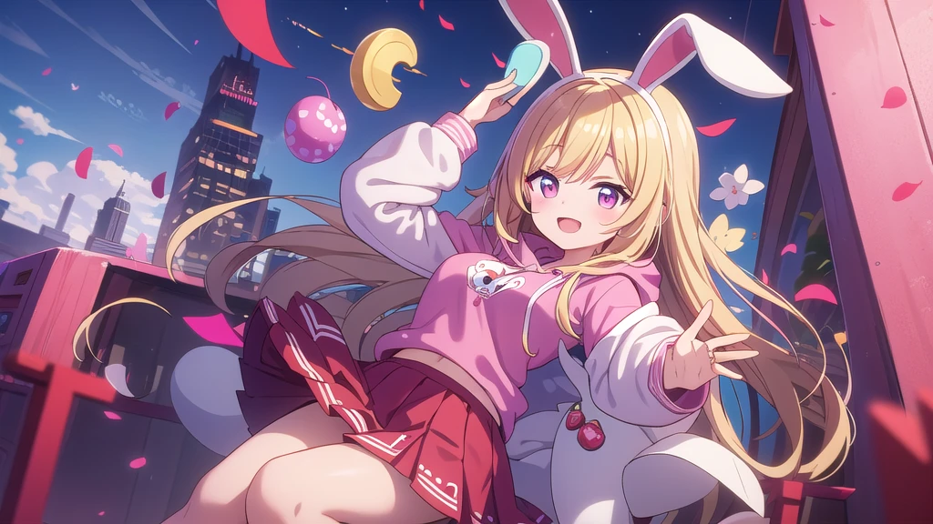 Masterpiece, best quality, high resolution, white bunny ears, blond hair, pink hoodie, red top, red pettiskirt, open mouth, smile,