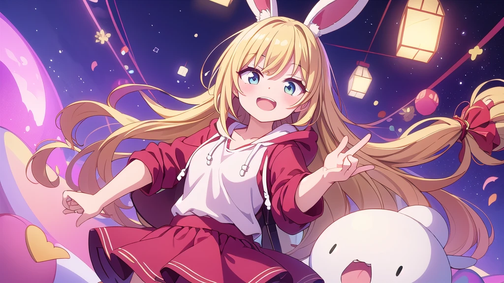 Masterpiece, best quality, high resolution, white bunny ears, blond hair, pink hoodie, red top, red pettiskirt, open mouth, smile,