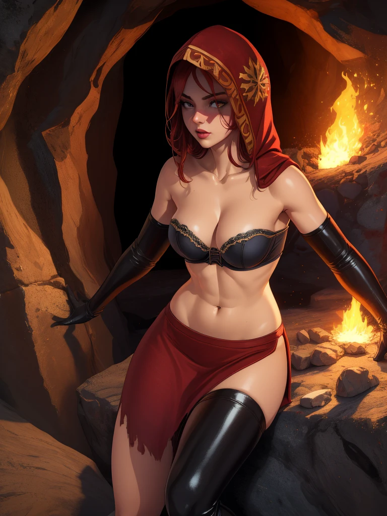 Dsorceress, redhair, shadowy face,dark cave, fire, hood, shadowed face, strapless bra, slim and athletic body, miniskirt, no panty, elbow gloves, dark skin, 1 girl (insanely detailed, masterpiece, best quality)