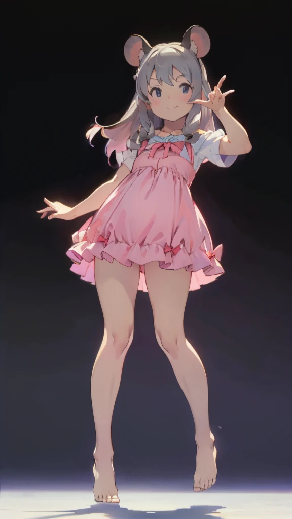 ((masterpiece))((Highest quality))Mouse Ears、girl、smile、blush、Flat Chest、Are thin、、low length、Gray Hair、blush、Are standing、Whole body image、Even your toes are visible、Eye level on face、front、No background、Mouse pose、真frontのアングル