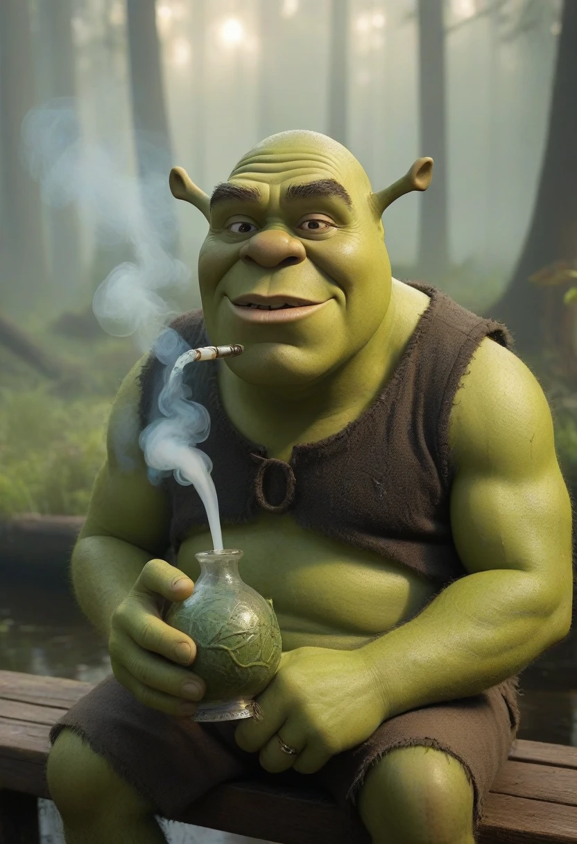 Shrek, the iconic green ogre from the animated film series, depicted in a hyper-realistic art style. He is sitting on a rustic wooden bench in a swampy environment, surrounded by dense, dark foliage and mist. Shrek has a large, intricately designed bong in his hands, with a swirling pattern of greens and blues on the glass. He is in the middle of taking a hit, with his mouth around the mouthpiece of the bong, and smoke is visibly rising from the bowl. His eyes are half-closed in a relaxed and content expression. The smoke from the bong curls up into the air, blending with the natural mist of the swamp. The scene is illuminated by the soft glow of the setting sun, casting warm, golden light across Shrek's face and the surrounding area. The details should emphasize the texture of Shrek's skin, the swirling smoke, the glass bong, and the serene yet slightly surreal atmosphere of the swamp.