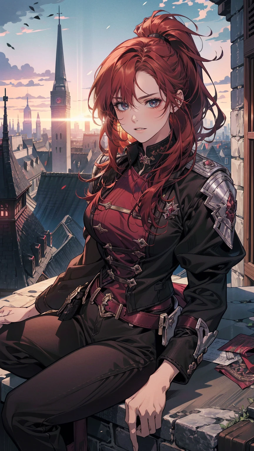 A female assasin with dark cherry red hair, purple eyes, and a menacing look along with a grin, sitting on top of a building with the sunsent light behing her, hair is in a low ponytail and is really messy, has dark circles under her eyes, she has knives on her belts, muscular frame
