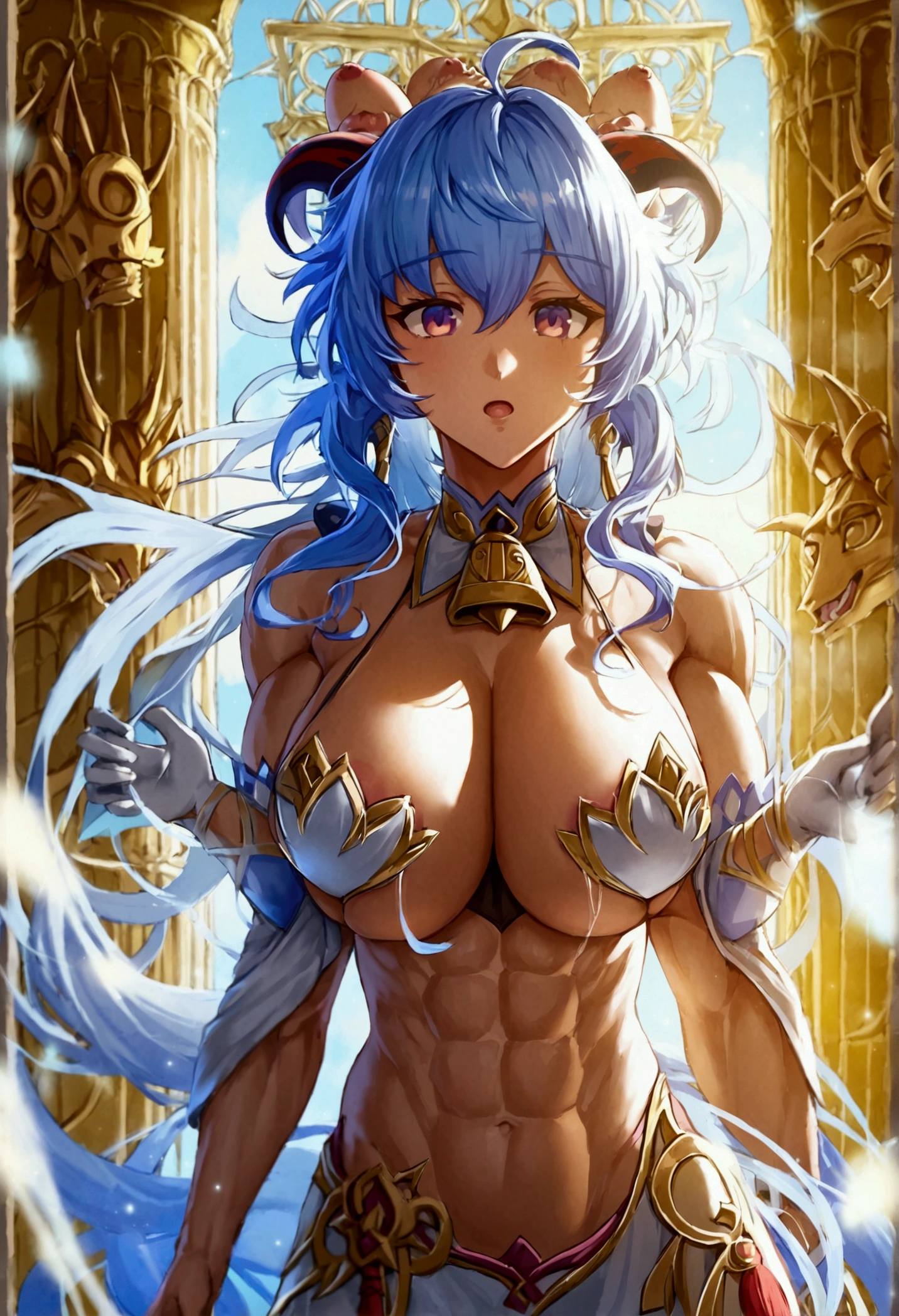 (masterpiece, best quality), best resolution, Ganyu, (2heads:1.5), (4arms:1.5), muscular body, big breasts, full body.