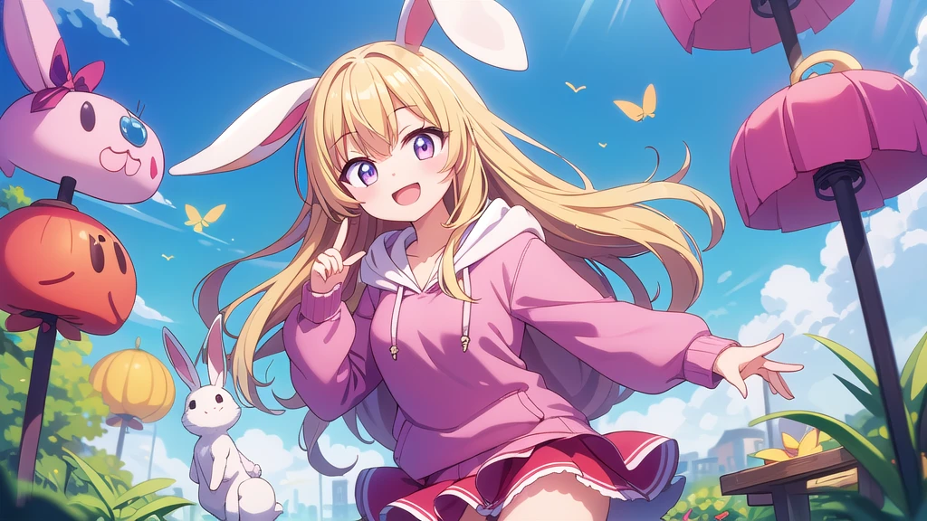 Masterpiece, best quality, high resolution, a girl, white bunny ears, blond hair, pink hoodie, red top, red petticoat, open mouth, smile,