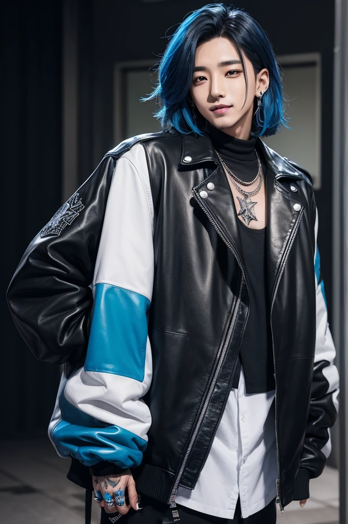 Jinsoo (LEADER, Rapper Principal)Height: 1,70mCabelo: black with neon blue highlights, long bob styleEyes: Dark brownStyle: Modern and cool, with leather jackets and metallic accessoriesFeatures: Confident smile and star tattoo on wrist