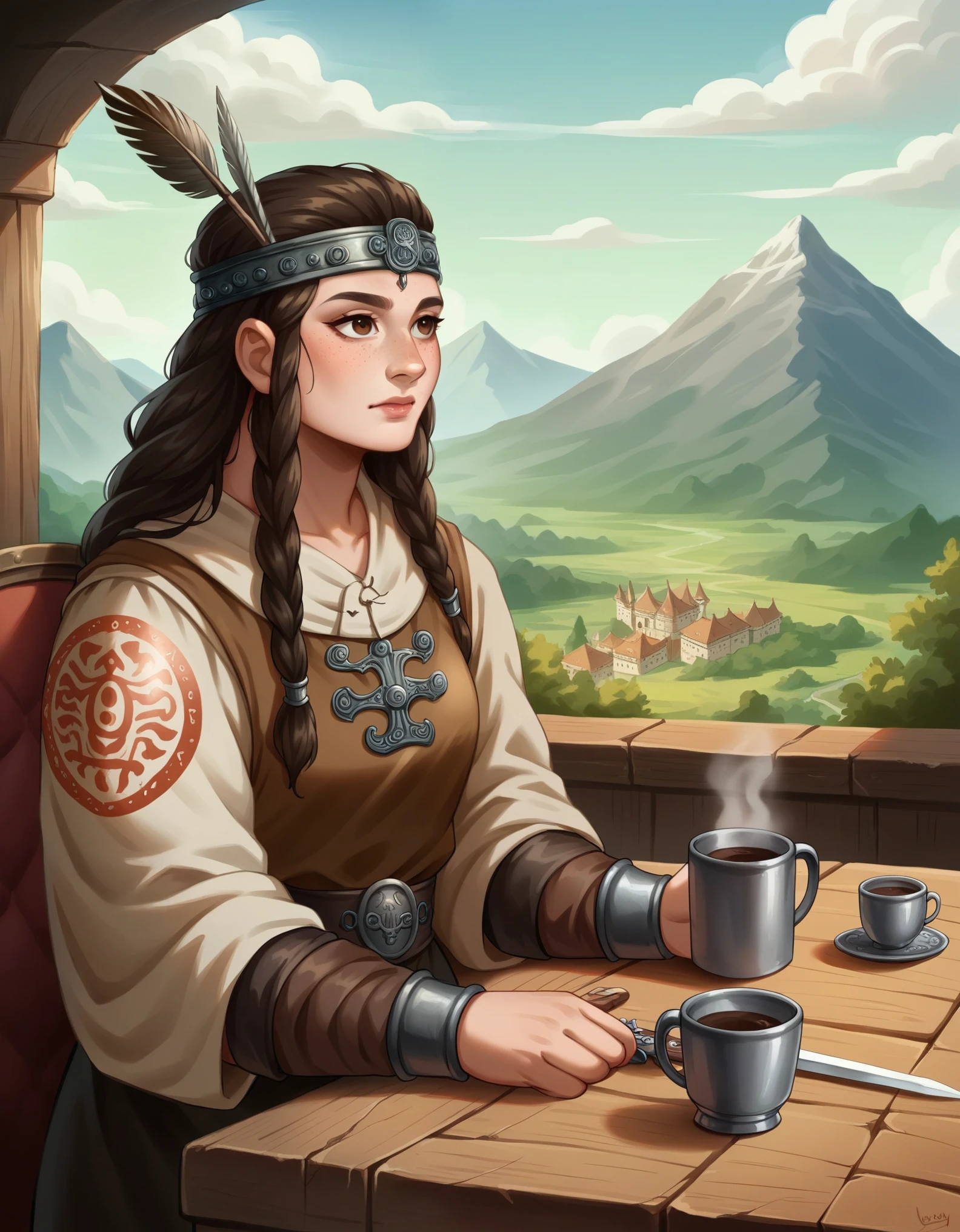 a close-up of a woman sitting at the table with a cup of coffee, palace ， a girl in mountain, a young girl as a viking, beautiful western woman, european  woman,  redheadwear, chinese princess, an Asian woman, a young European woman, ancient princesa viking, Mulher redheadwear, wearing ancient viking clothes, traditional beauty, european young girl, leather outfit, Sword and shield, young woman, viking tattoo, freckles, fully body ((high qualiy)) ((super quality)) ((detailed artwork))