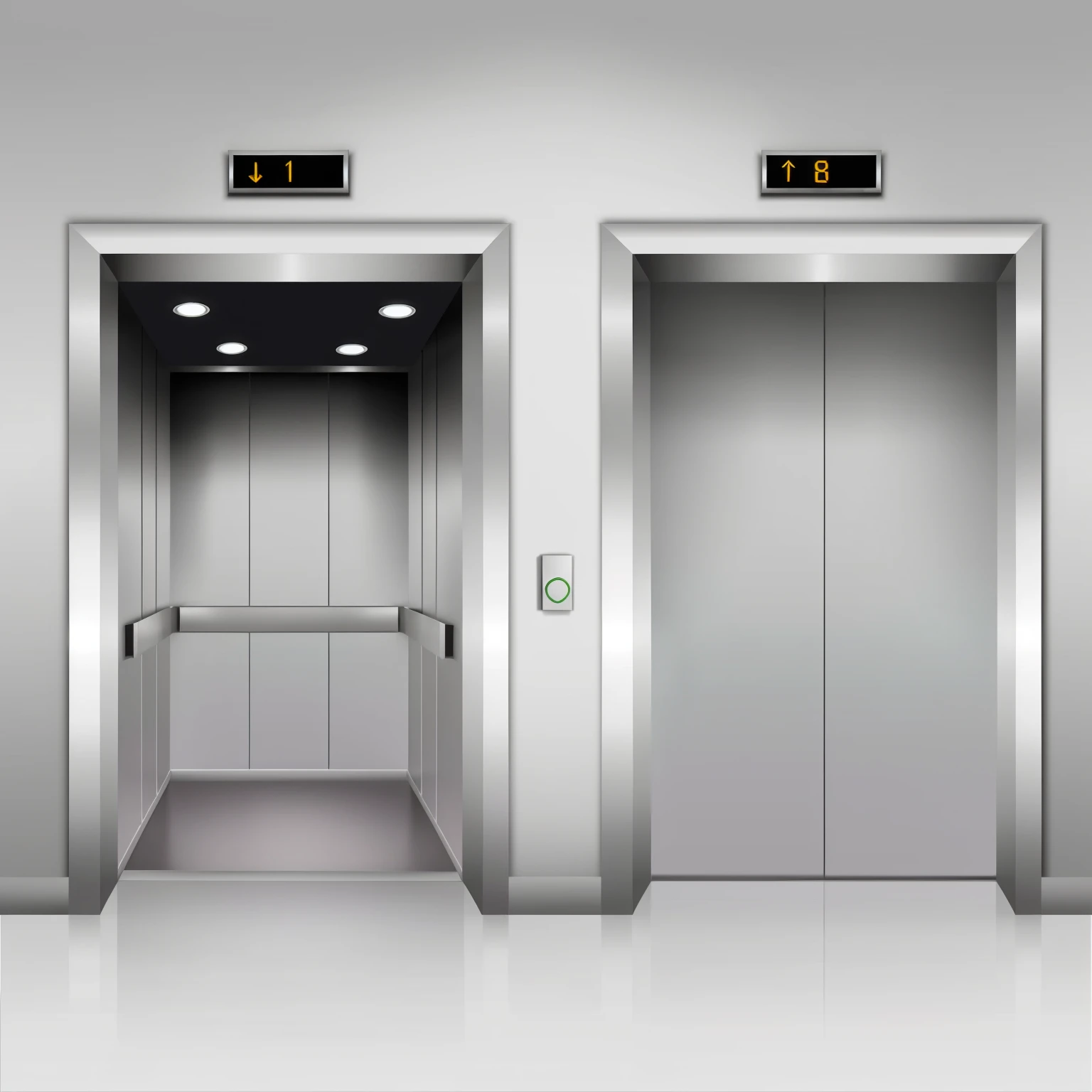 arafed elevators with a sign showing the time and direction, elevator, elevator doors look like a mouth, in an elevator, in the dark elevator, in front of the lifting shaft, doors, Department, small camera. Hyper realistic, Department vector, elevator to the moon, Realistic height details, Vector illustration, wide portrait, beautiful high resolution, door, semi-realist