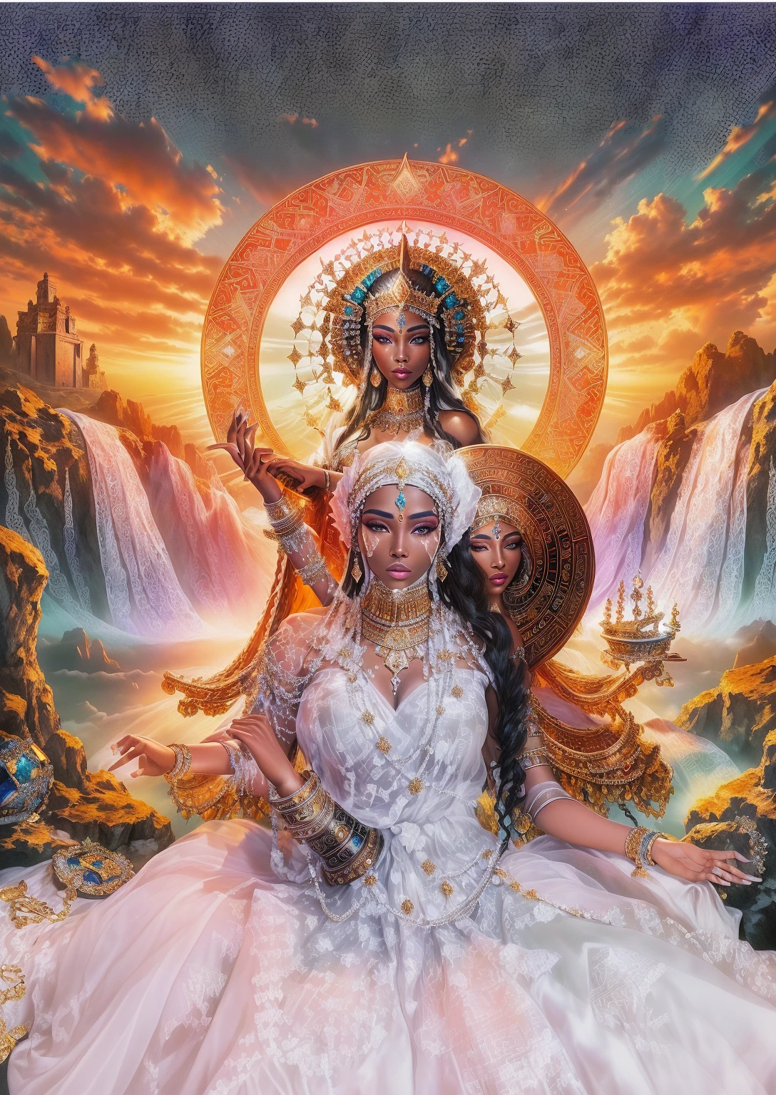there is a woman in a white dress sitting on a rock, queen and ruler of the universe, 3 d goddess portrait, extremely detailed goddess photo, black goddess of wealth, goddess portrait, goddess of love and peace, inspired by David LaChapelle, Aztec princess portrait, moroccan queens ny, Jayson Tatum as Mother Mary, a stunning portrait of a goddess
