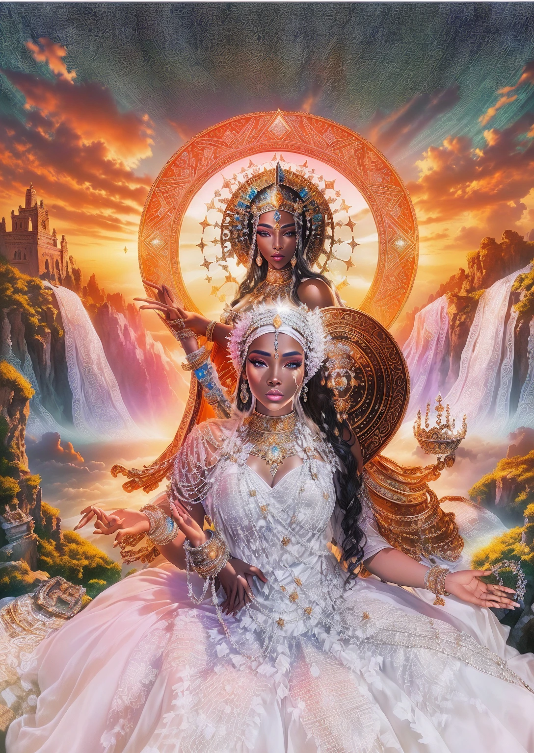 there is a woman in a white dress sitting on a rock, queen and ruler of the universe, 3 d goddess portrait, extremely detailed goddess photo, black goddess of wealth, goddess portrait, goddess of love and peace, inspired by David LaChapelle, Aztec princess portrait, moroccan queens ny, Jayson Tatum as Mother Mary, a stunning portrait of a goddess
