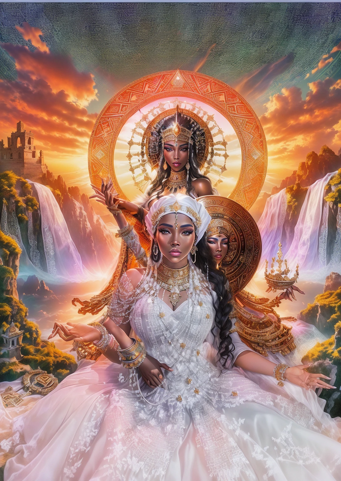 there is a woman in a white dress sitting on a rock, queen and ruler of the universe, 3 d goddess portrait, extremely detailed goddess photo, black goddess of wealth, goddess portrait, goddess of love and peace, inspired by David LaChapelle, Aztec princess portrait, moroccan queens ny, Jayson Tatum as Mother Mary, a stunning portrait of a goddess