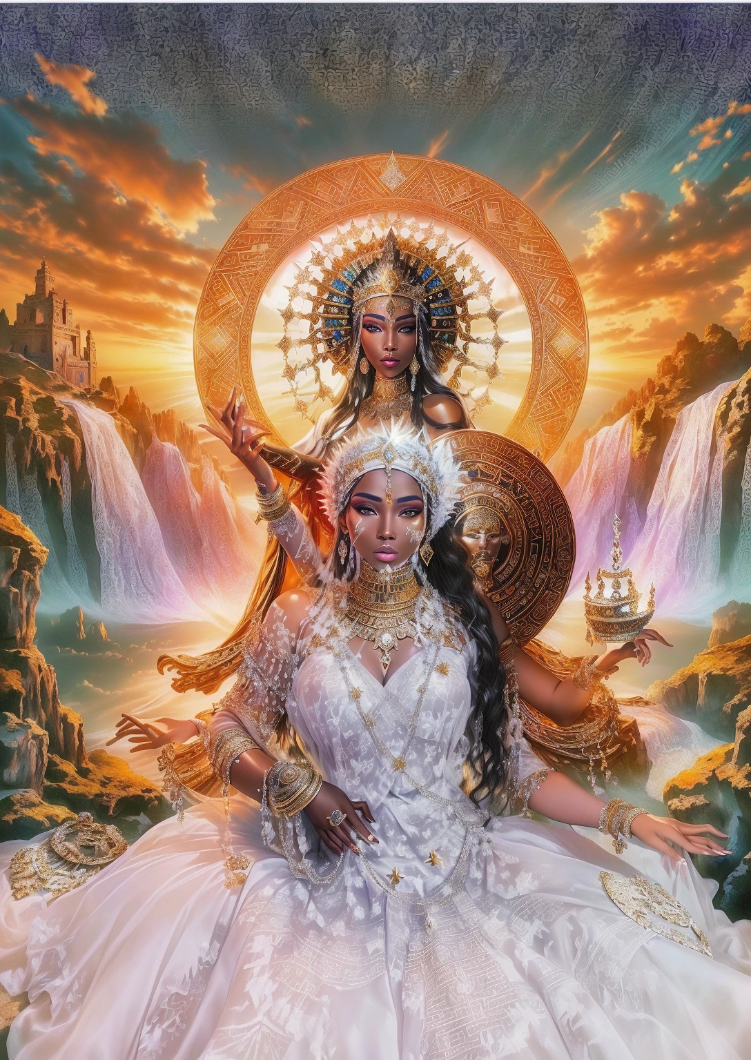 there is a woman in a white dress sitting on a rock, queen and ruler of the universe, 3 d goddess portrait, extremely detailed goddess photo, black goddess of wealth, goddess portrait, goddess of love and peace, inspired by David LaChapelle, Aztec princess portrait, moroccan queens ny, Jayson Tatum as Mother Mary, a stunning portrait of a goddess