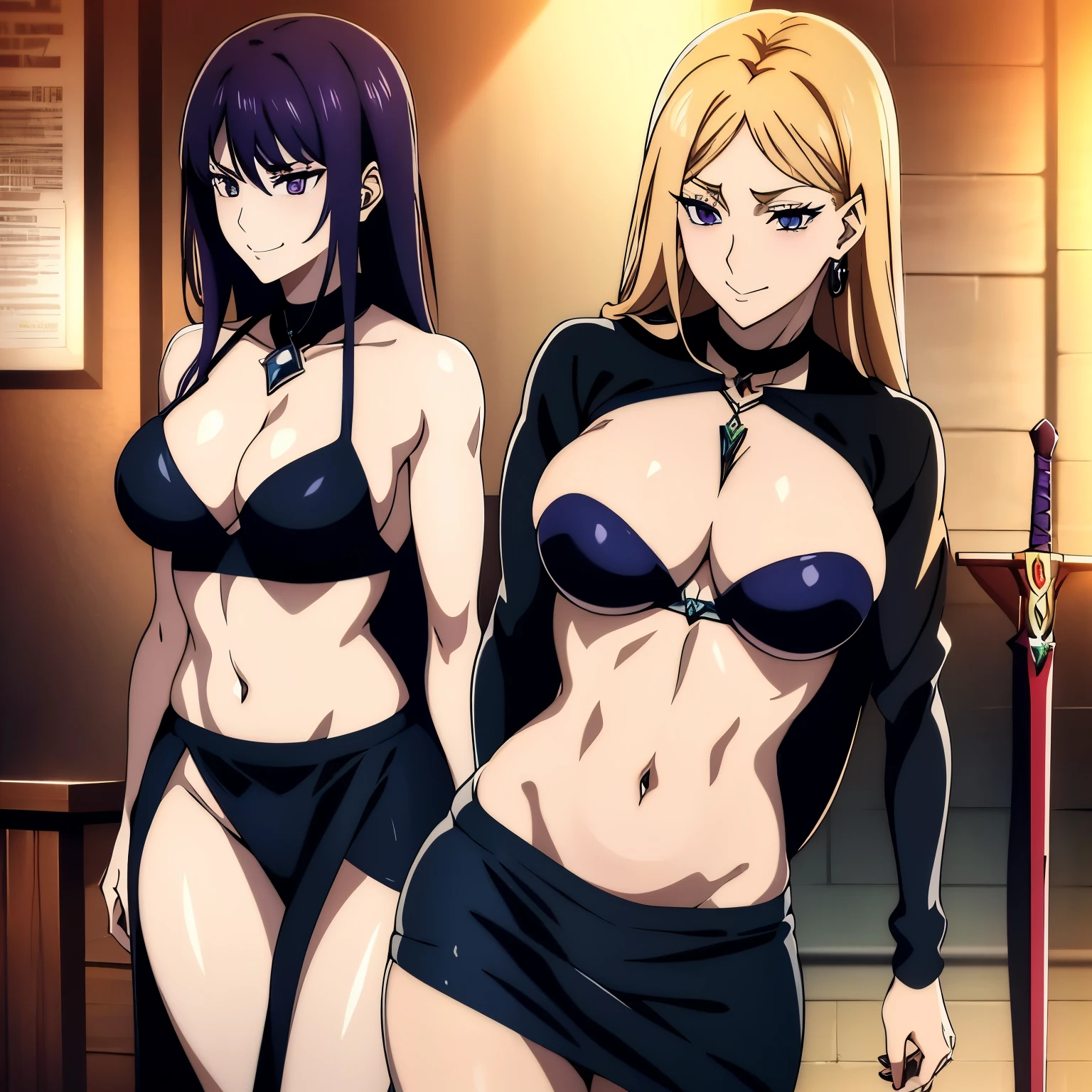 2girl, two girls , black eyes, purple eyes, long hair, mature female, makeup, eyelashes, blush, lipstick, Hot girl, baddie, staring, glaring, bad attitude, mean girl, dare, angry, hate, crazy, smoking, sensual, attractive, jewelry, earrings, masterpiece, best quality, highly detailed, fantasy , a anime girls in armored dress holding a sword
posing for a picture, evil smile, smile, open mouth, breastplate with open cleavage, cleavage, warrior
outfit, ecchi anime style, anime girls, ecchi style, (nsfw) not safe for work, ecchi, digital anime art!!, in
anime style, official artwork, visual novel cg, beautiful anime girl, anime style 4 k , loincloth, exposed
belly, exposed navel, exposed midriff, exposed lower belly, pencil skirt armored, castle,inside castle,