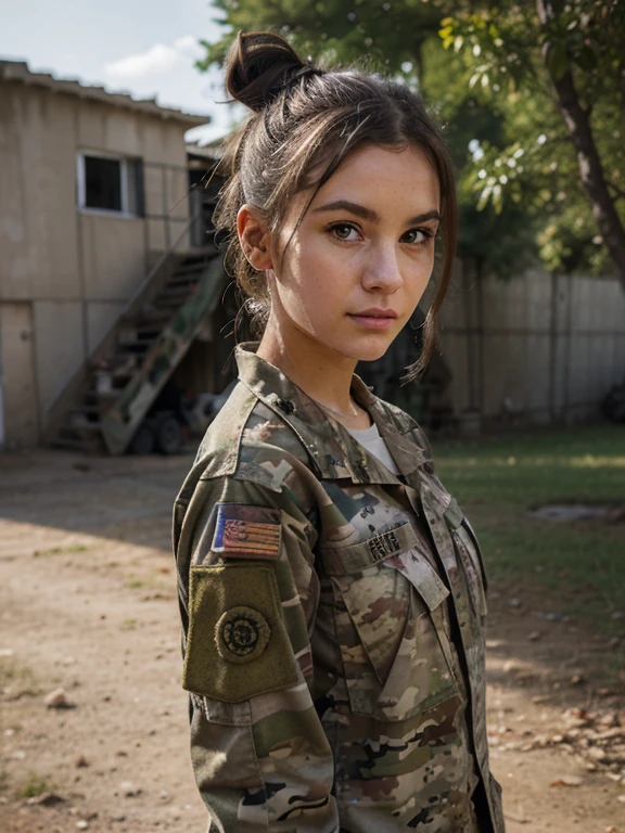 French, messy bun, camo military fatigues, outdoors, barracks, loving gaze