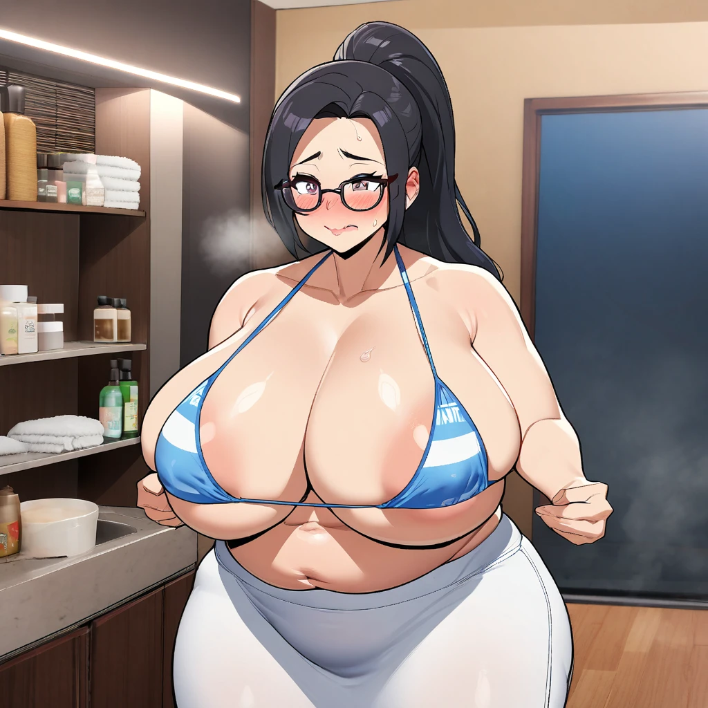 1girl,solo,Mature Woman,married woman,Black Hair,long pony hair,Glasses,mother,nervous,disgrace,blush,Super huge breasts,Fatty belly,Fatty thighs,pubic hair,only bikini,Wearing nothing but a bikini,Are standing,Looking at this,Inclusive,bathed in perspiration,Massage salon background