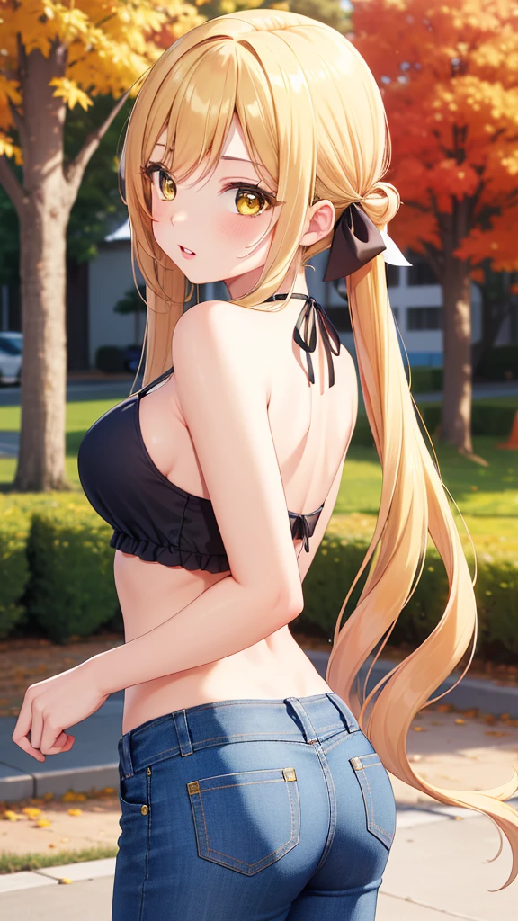 masterpiece, best quality, highly detailed, ultra high res, ayase arisa, karane inda 1girl, solo, long hair, bangs, blonde hair, twintails, very long hair, hair ribbon, (yellow eyes:1.3), low twintails, glossy lips, full lips, park, autumn, halter top, jeans, looking back at viewer