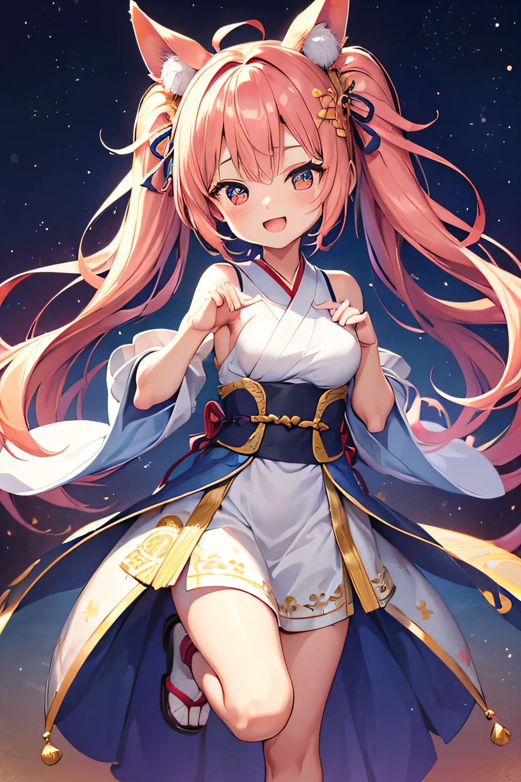 Highest quality、High resolution、Detailed Background、Teenage beauty、Detailed face、Anatomically correct、(Normal number of fingers:1.2)、(Huge breasts:1.2)、cute hair color、Bun Hair、Perfect body line、(Lively girl dancing at the Bon Odori festival:1.5)、(Dance with your fingers together, hands together and raised high:1.5)、night、Festivals、A big smile、Cute patterned yukata、dancing lively、Waving your hands back and forth、Waving your hands left and right、Coordinated hand and foot movements、Traditional Japanese summer festivals、Bon Odori is held at night, so lanterns and other lights are lit up, creating a fantastic atmosphere.、cute