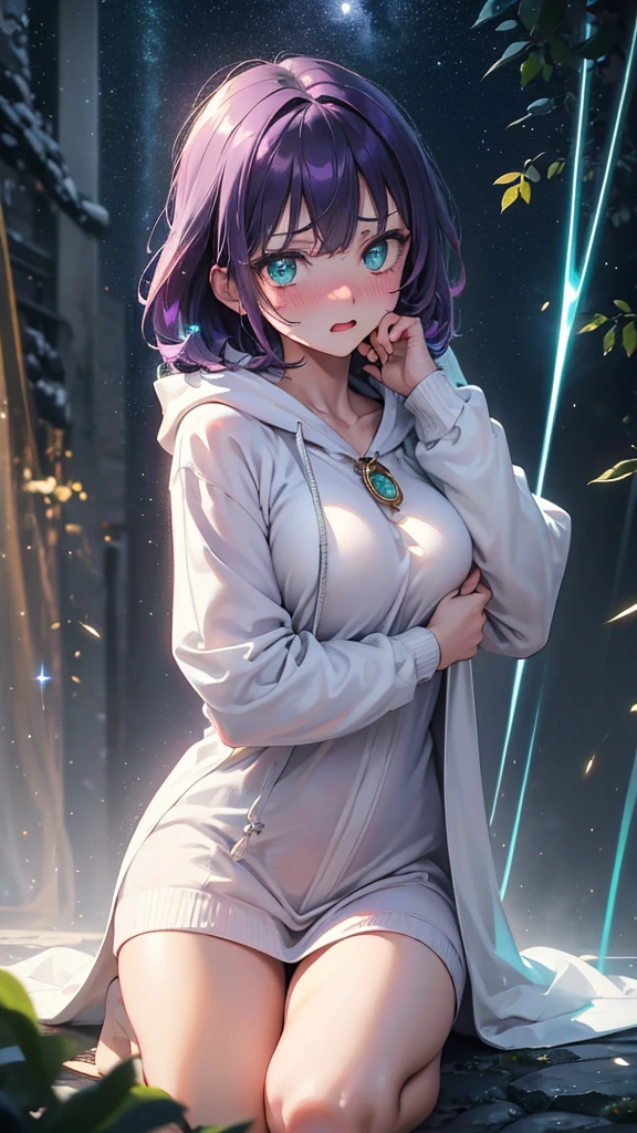 Best quality, Ultra detailed, best quality, insanely detailed, beautiful, masterpiece, 8k,
break
Lens Flare,night sky, Streaks of Light,refraction Glowing white lines ,Crossing Light,Shining Background, light particles
break
Dark Forest,
break
1lady, purple hair, medium hair, white mage, white hoodie, white robe, long robe, green eyes, ultra detailed eyes, pendant ,full body, portlait, (stare at viewer with stern eyes:1.5),(bitting own lip:1.1),(angry:0.9),nose blush,(shamefull:1.2), surprised, (embarrassed,blush:1.3), ,nsfw,(ecstasy:1.3) ,(slut:1.2),(vulgarity:1.3),(fucked silly:1.1),(steam:1.1),(wet:0.8),(trembling:0.8),(tears:0.7) ,(drooling:0.6),(sweat:0.8), open mouth,(feeling weak:1.5)