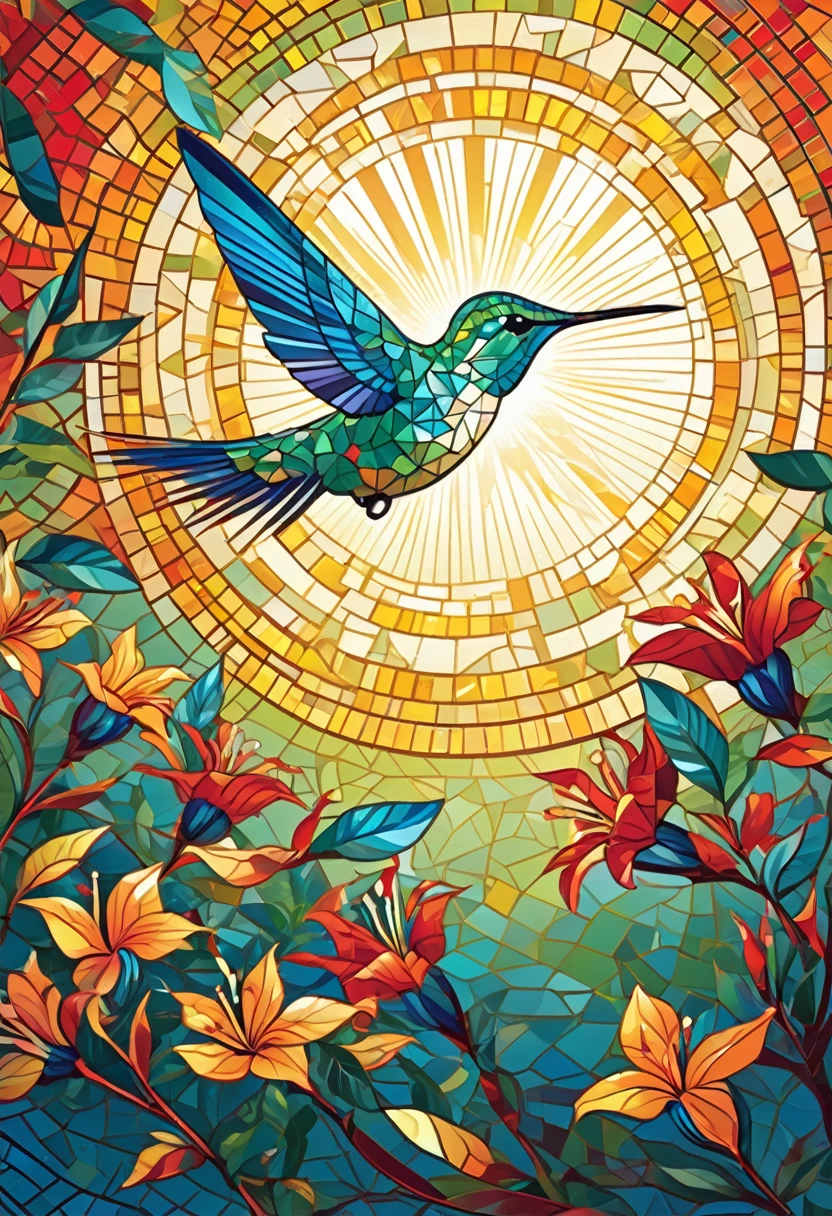 vector design,Focus on hummingbirds,Use bright geometric patterns,illuminated by sunlight,Create a glorious mosaic pattern。