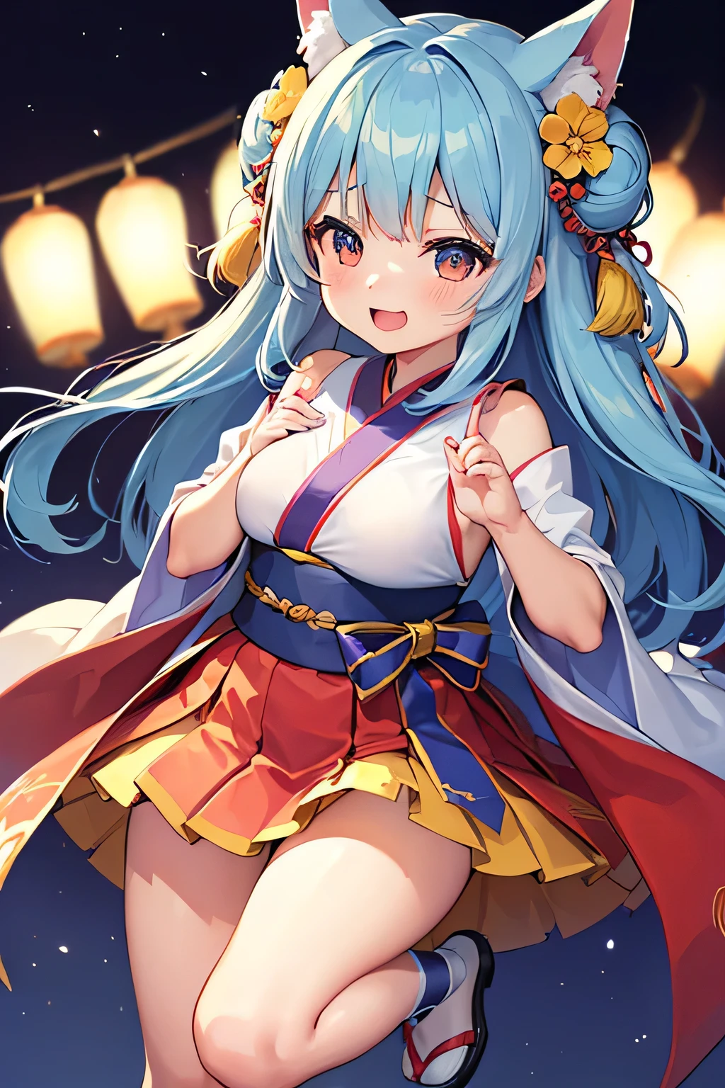 Highest quality、High resolution、Detailed Background、Teenage beauty、Detailed face、Anatomically correct、(Normal number of fingers:1.2)、(Huge breasts:1.2)、cute hair color、Bun Hair、Perfect body line、(Lively girl dancing at the Bon Odori festival:1.5)、(Dance with your fingers together, hands together and raised high:1.5)、night、Festivals、A big smile、Cute patterned yukata、dancing lively、Waving your hands back and forth、Waving your hands left and right、Coordinated hand and foot movements、Traditional Japanese summer festivals、Bon Odori is held at night, so lanterns and other lights are lit up, creating a fantastic atmosphere.、cute