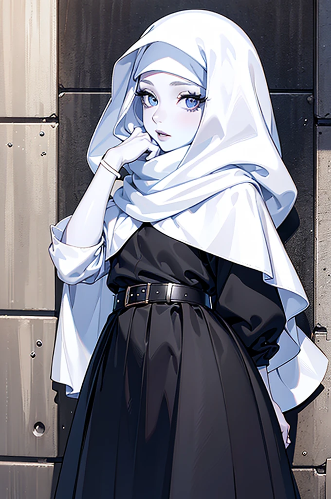 ,1girl, solo, pretty face, eyelashes, nose, glossy lips, (detailed eyes, looking at viewer, fair skin, white skin: 1.5), smooth skin, wearing hijab, beauty hijab, black skirt, belt, black long skirt, standing. Leaning on the wall with colorful splash