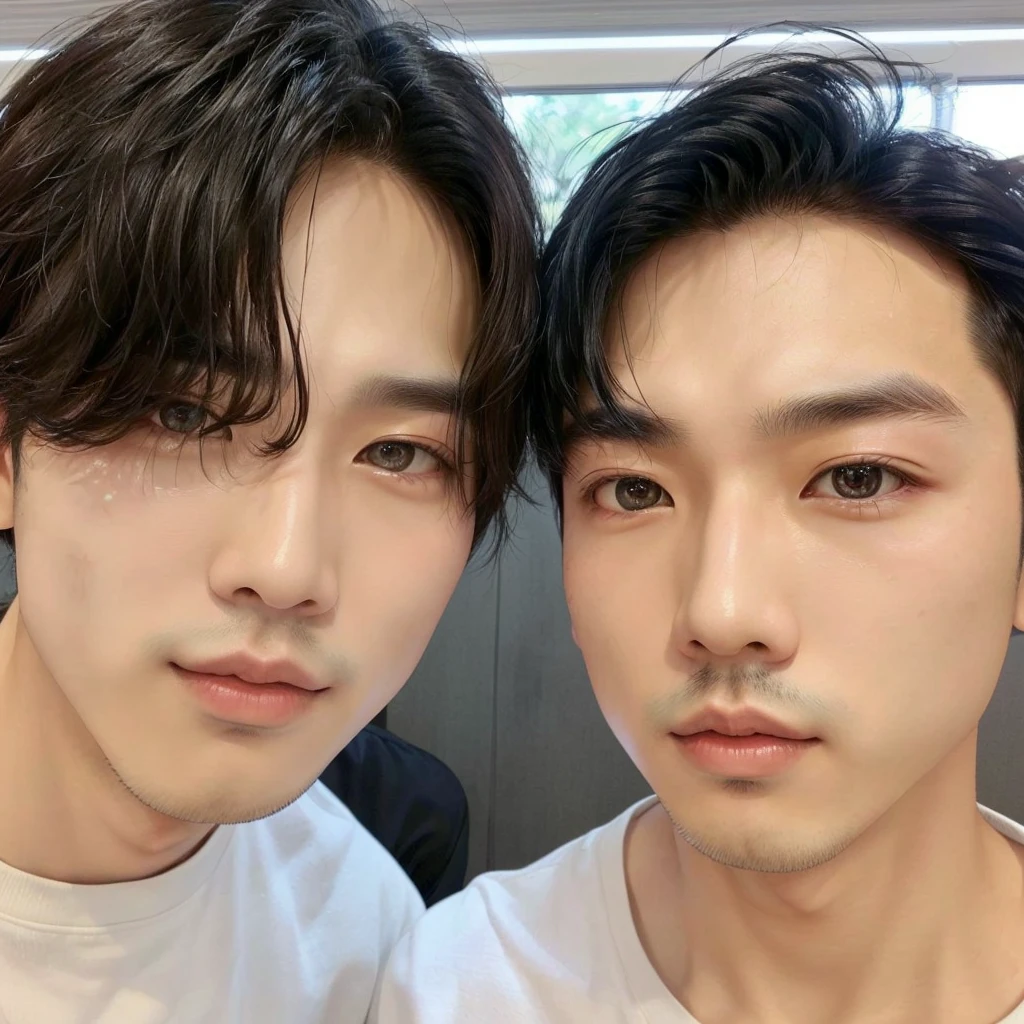 There are two Asian men posing for a photo together, Gunwoo Kim e J.Dickenson, Tae June Kim, Jimin\the right eyelid is swollen, with same hairstyle, nixeu e sakimichan, They are close to each other, Kim Doyoung, Jinyoung Shin, Jimin\the full lips, cai xukun, sfw